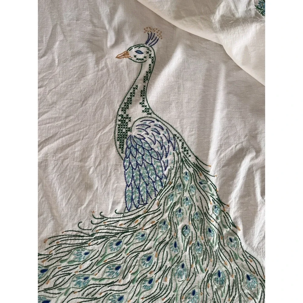 VTG Embroidered Peacock Coverlet Beadspread 78x98